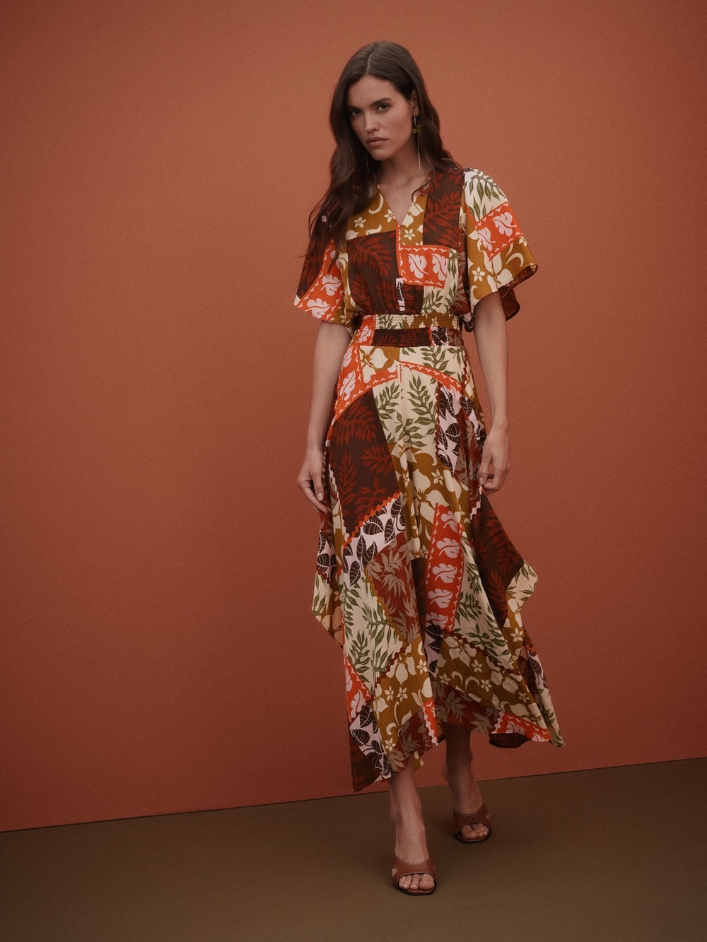 Asymmetrical Boho Patchwork Maxi Dress in Orange & Olive
